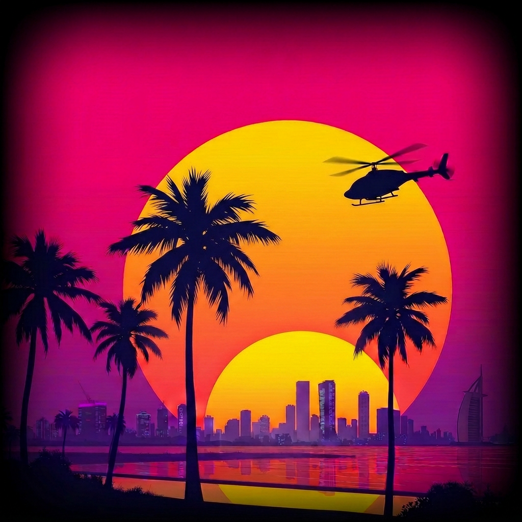 NEON HEIST sunset scene with helicopter